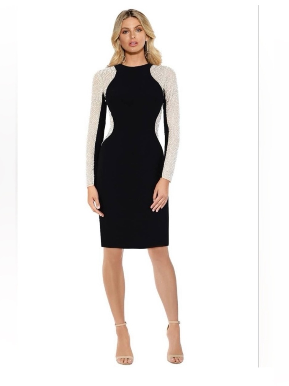 Xscape Black Dress with Pearl-Embellished Cream Sleeves